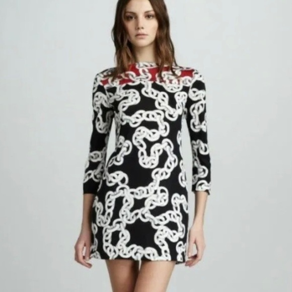 Diane Von Furstenberg Ruri Chain Print Silk Dress Size 4 Black Red 3/4 Sleeve - Picture 10 of 10